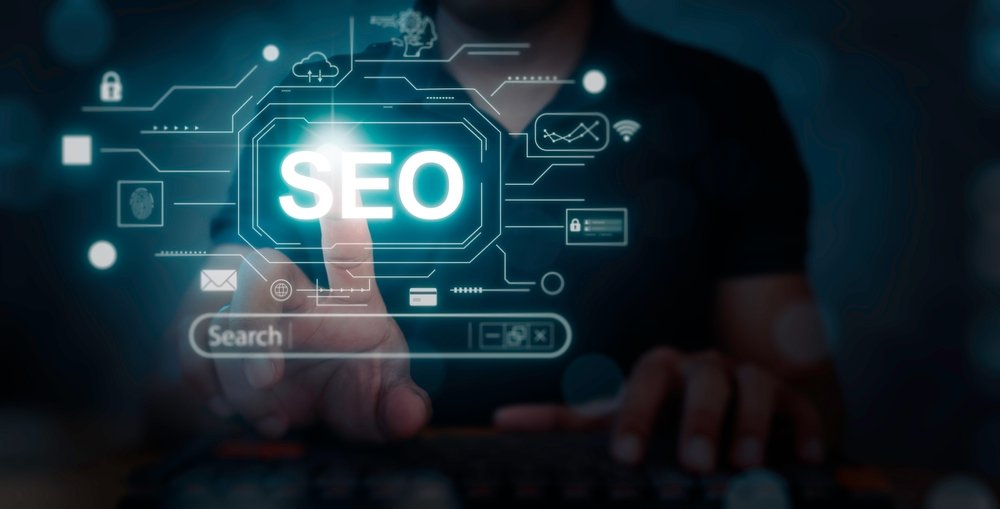 Man using AI technology with SEO interface on virtual screen, representing SEO in digital marketing.