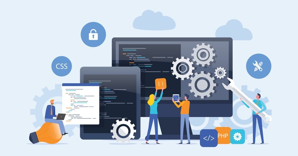 Web development process concept showing designers and developers collaborating on coding, UI design, and system integration across desktop and mobile applications.