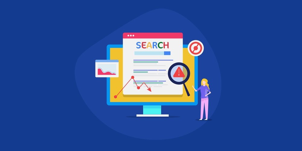 Common SEO mistakes, marketing strategy failure, SEO marketing mistakes - flat design vector illustration with icons and character
