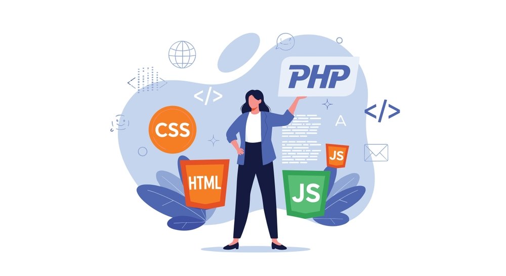 Custom vs Theme-Based WordPress Website illustration showing a female web developer surrounded by HTML, CSS, JavaScript, and PHP programming icons representing custom WordPress development solutions.