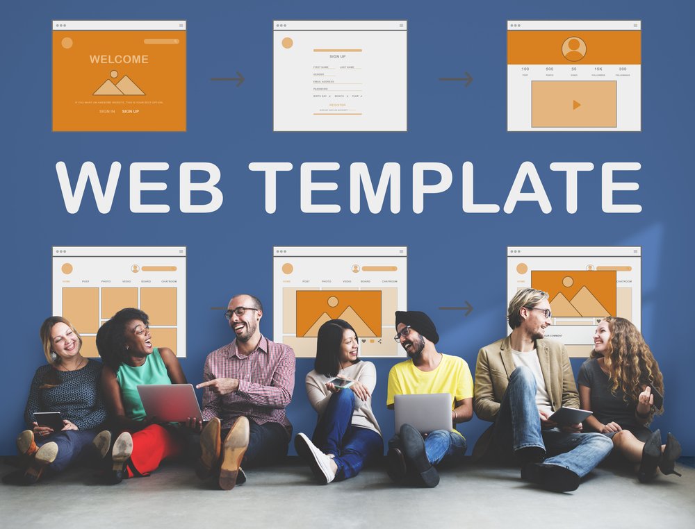 Web template concept showing multiple website layout mockups and a diverse team collaborating, illustrating template-based website design and development.