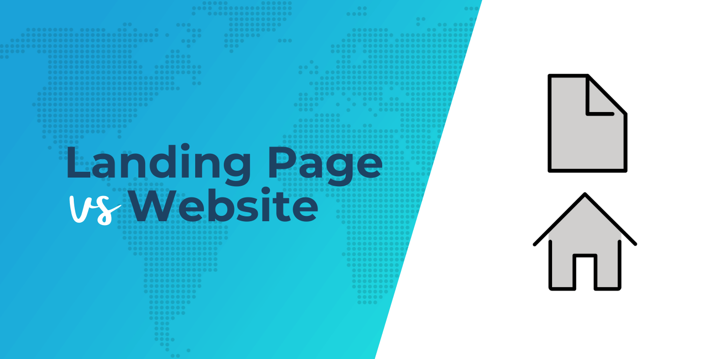 Landing Page vs Website comparison graphic featuring a landing page icon and website home icon, illustrating the differences between landing pages and websites for lead generation, conversions, and business growth